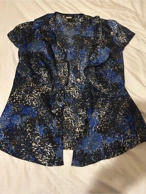 Ann Taylor Blue and Black Ruffle-Front Blouse